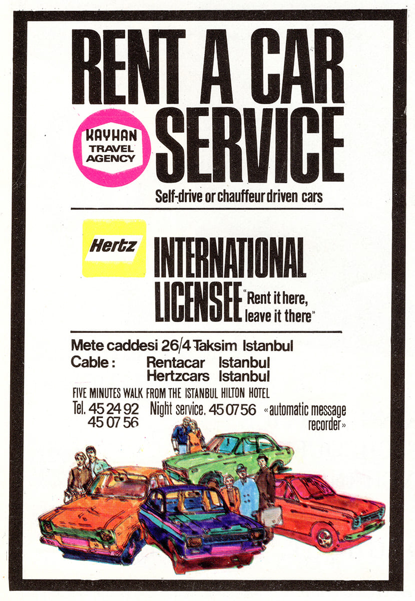 Kayhan Travel Agency, Araba Kiralama Hizmeti Reklamı, İstanbul Hilton Magazine, Summer 1970