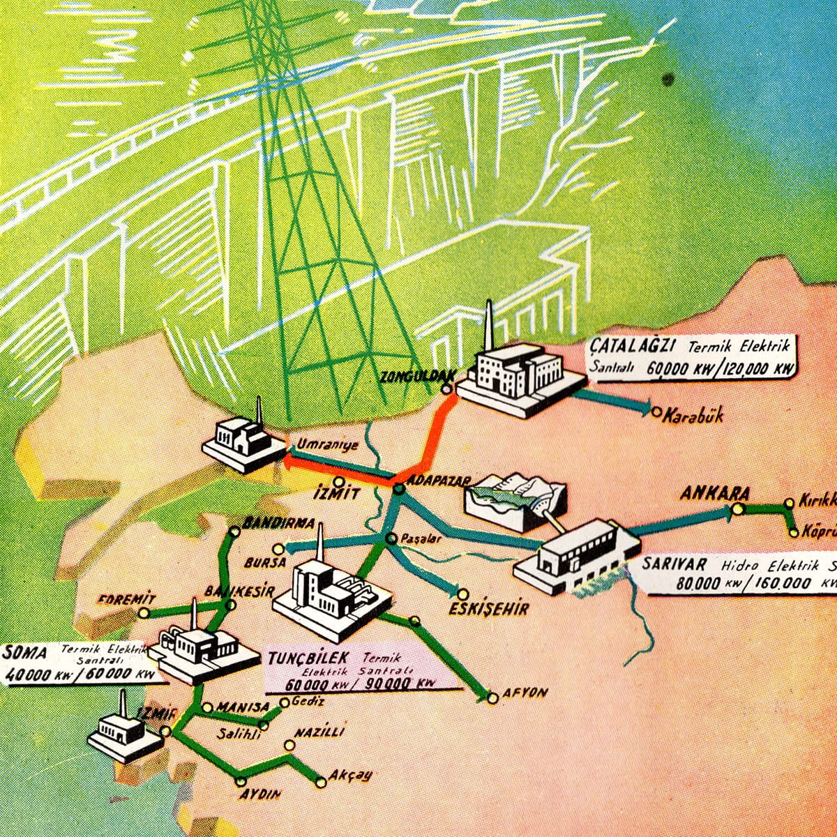 Yurdun Elektrifikasyonunda Etibank İllüstrasyonu, İktisadi Yürüyüş, Sayı: 305, Burhan, 1953